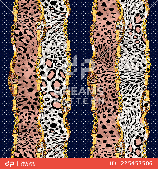 Seamless Pattern of Golden Chains and Belts with Dots and Animal Skin on Colored Background.