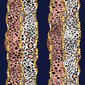 Seamless Pattern of Golden Chains and Belts with Dots and Animal Skin on Colored Background.