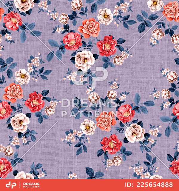 Seamless Pattern of Flowers with Leaves on Colored Background Ready for Textile Prints.