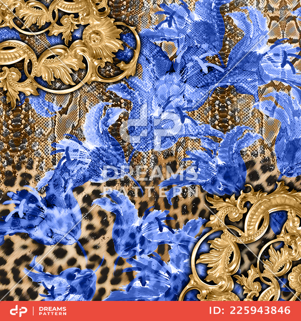 Golden Baroque with Blue Flowers on Mixed Animals Skin Ready for Textile Prints.