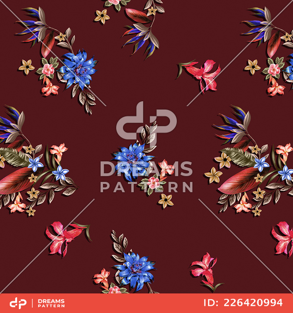 Seamless Flowers and Leaves Design on Colored Background, Ready for Textile Prints.