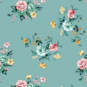 Seamless Design of Flowers and Leaves on Colored Background Ready for Textile Prints.