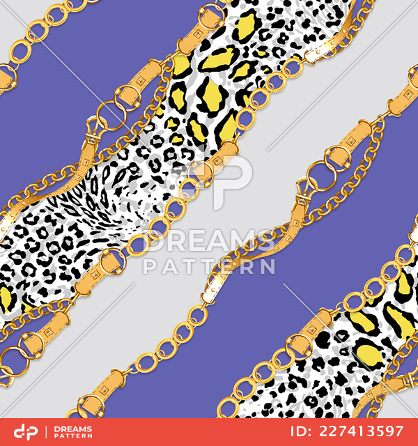 Seamless Pattern of Diagonal Golden Chains and Belts. Animal Skin Design for Textile Prints.