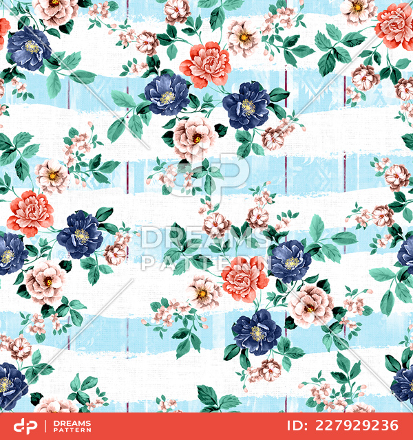 Seamless Floral and Leaves Pattern on Striped Background Ready for Textile Prints.