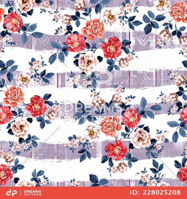 Seamless Floral and Leaves Pattern on Striped Background Ready for Textile Prints.