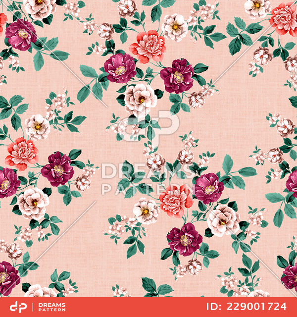 Seamless Pattern of Flowers with Leaves on Colored Background Ready for Textile Prints.