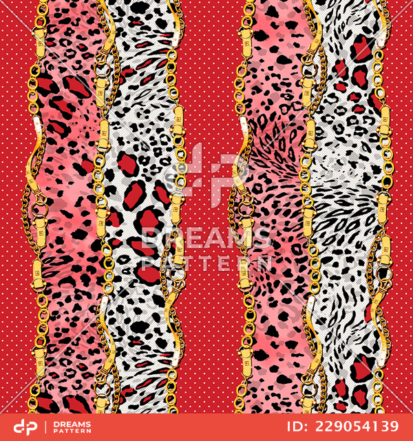 Seamless Pattern of Golden Chains and Belts with Dots and Animal Skin on Colored Background.