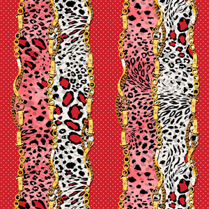 Seamless Pattern of Golden Chains and Belts with Dots and Animal Skin on Colored Background.