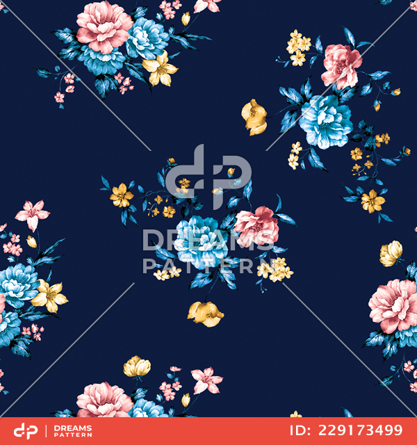 Seamless Design of Flowers and Leaves on Colored Background Ready for Textile Prints.