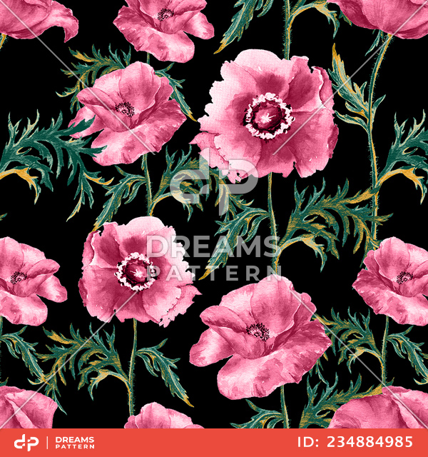 Seamless Hand Drawn Floral Design, Beautiful Flowers on Black Background.