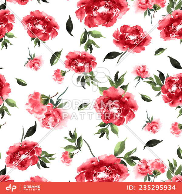 Seamless Watercolor Floral Design on White Background Ready for Textile Prints.