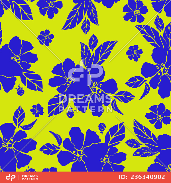 Seamless Hand Drawn Flowers with Leaves. Repeating Pattern on Green Background.