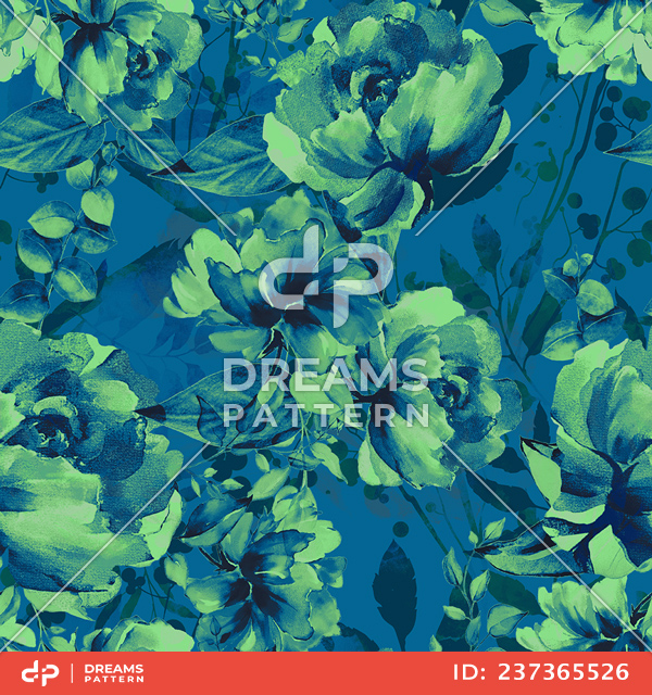Seamless Pattern of Green Flowers with Leaves Ready for Textile Prints.