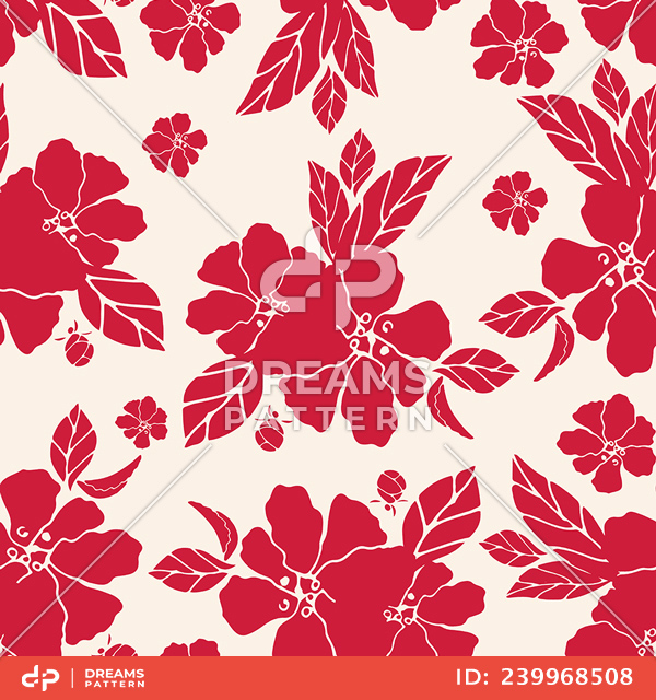 Seamless Hand Drawn Flowers with Leaves. Repeating Pattern on Beige Background.