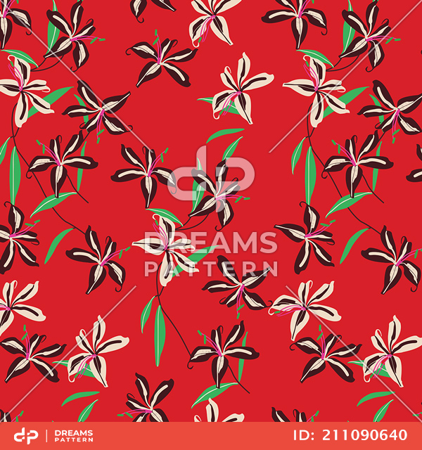 Seamless Modern Hand Drawn Floral Pattern, Colorful Flowers with Leaves on Red.