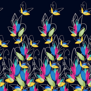 Colorful Hand Drawn Flowers with Lines on Dark Blue, Long Dress Pattern for Women.