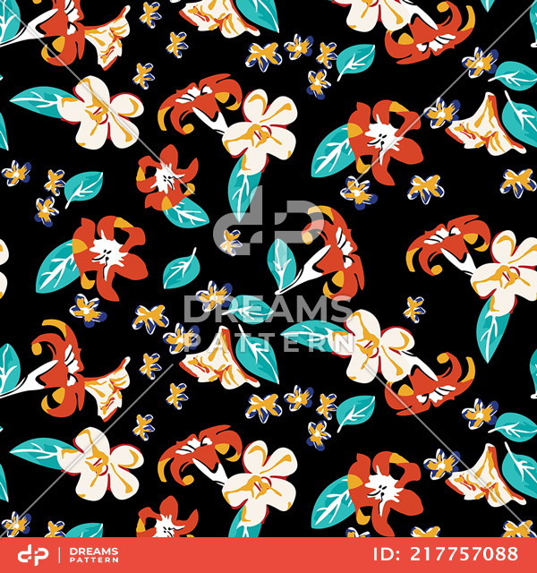 Seamless Hand Drawn Flowers with Leaves, Pretty Floral Pattern on Black Background.