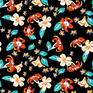 Seamless Hand Drawn Flowers with Leaves, Pretty Floral Pattern on Black Background.