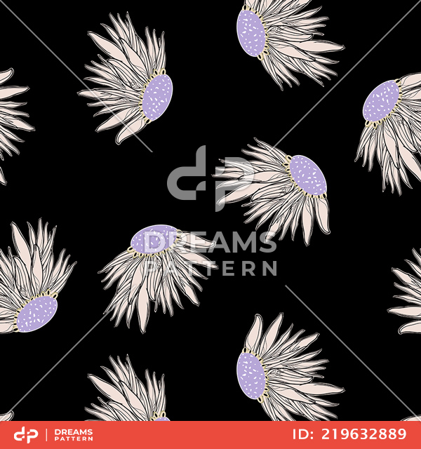 Abstract Hand Drawn Flying Wild Flowers, Seamless Pattern on Black Background.