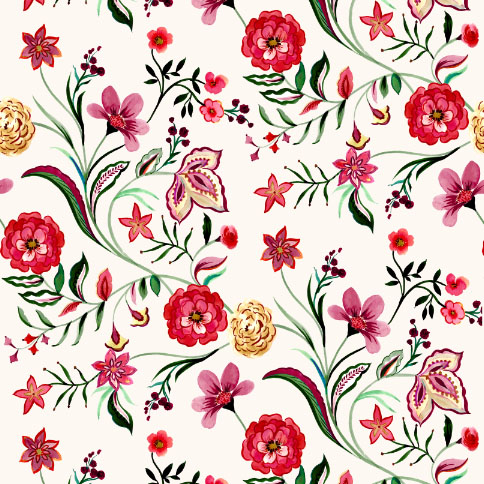 Seamless Pattern of Outdoor Picnic, Summer Floral with Boho Paisley on Light Background.